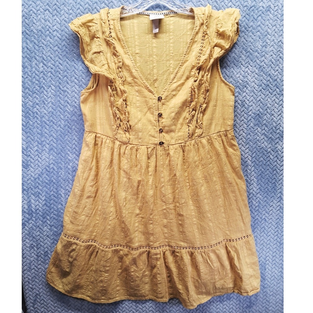 Knox‎ Rose Mustard Yellow Flutter Sleeve Boho Mini Dress L Lace Ruffle Pockets